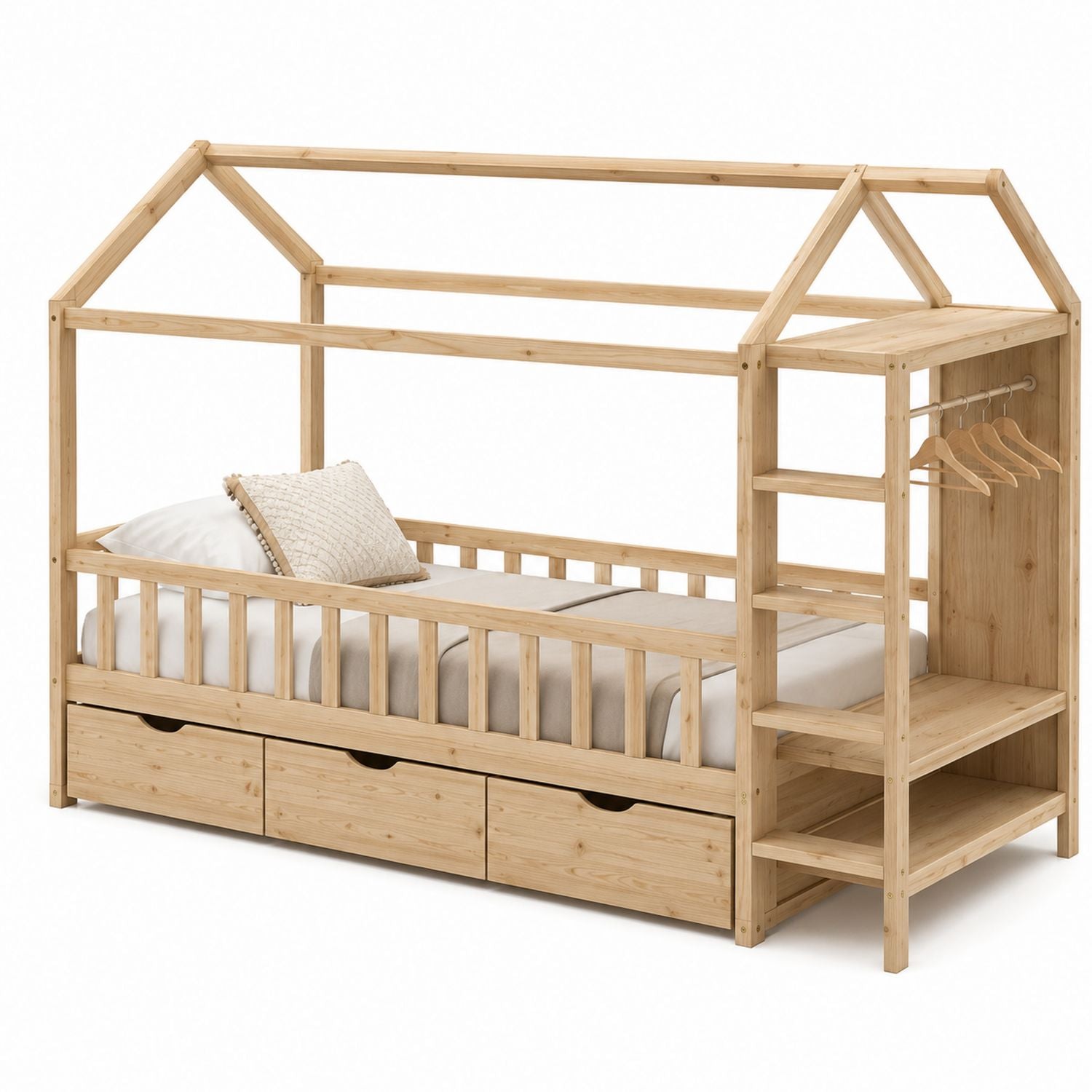 Kinderbett in Holzhaus-Form mit Schubladen und Kleiderstange