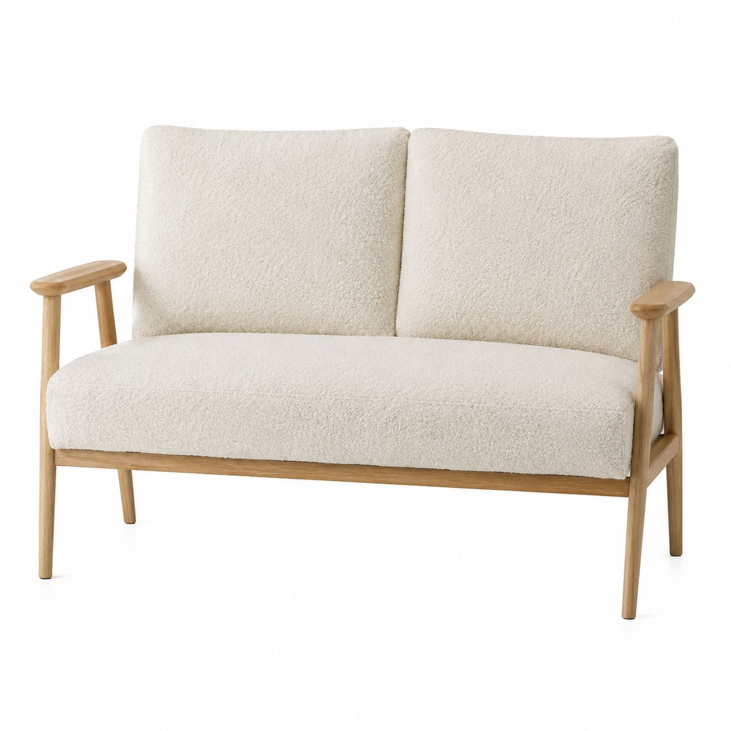Modernes Zweisitzer-Sofa mit Holzrahmen und cremefarbenem Bouclé-Bezug