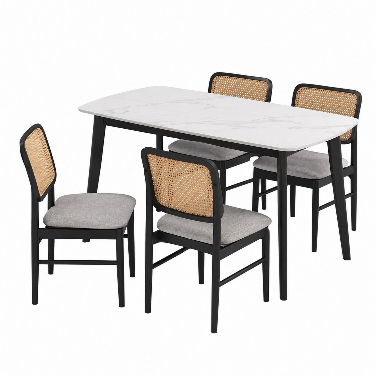 Esstisch-Set aus Kunstmarmor, rechteckig, mit 4 Stühlen mit Rattanrückenlehne