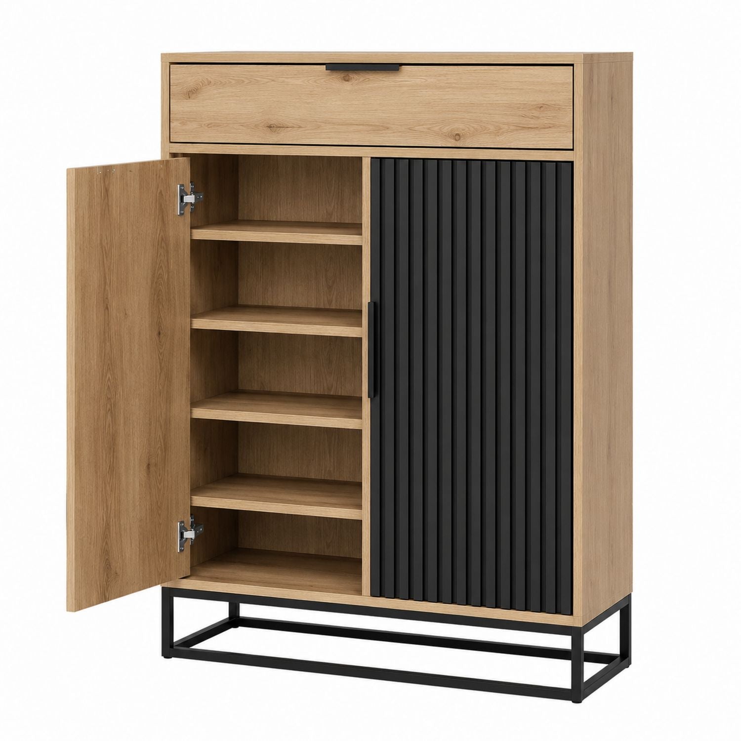 Schuhschrank aus Holz mit Metallrahmen und schwarzen Paneeltüren