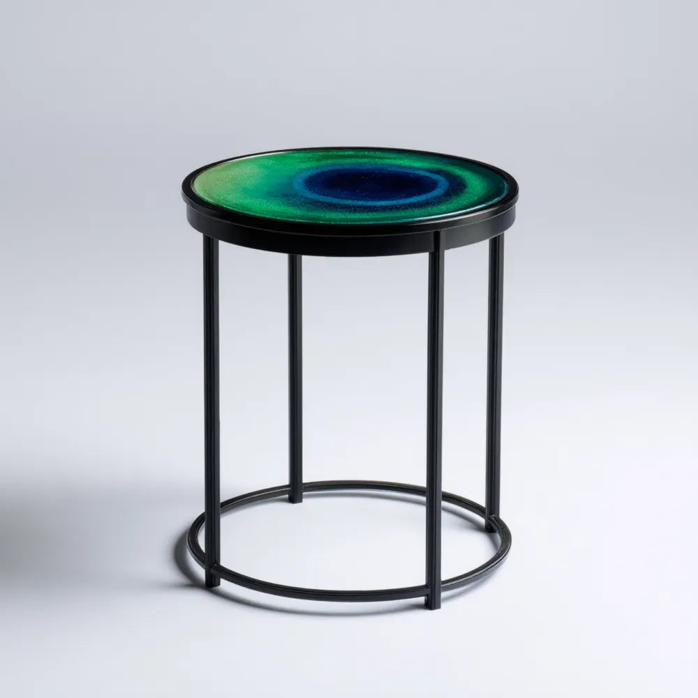 Round Side Table 45x45x55 cm Glass Top - Blue/Green - Contemporary Design