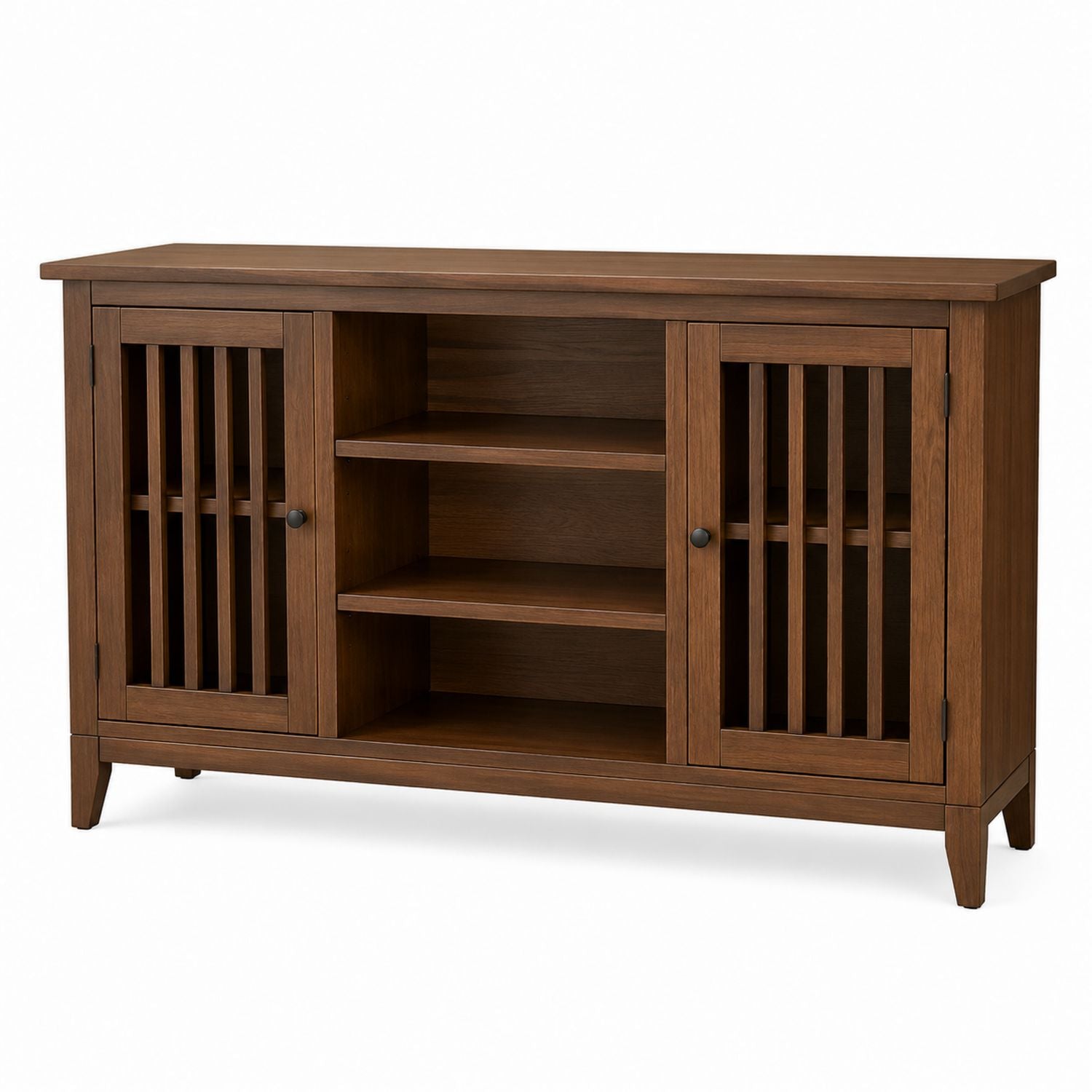 Braunes MDF-TV-Möbel mit Lamellentüren und Regalen 140 cm