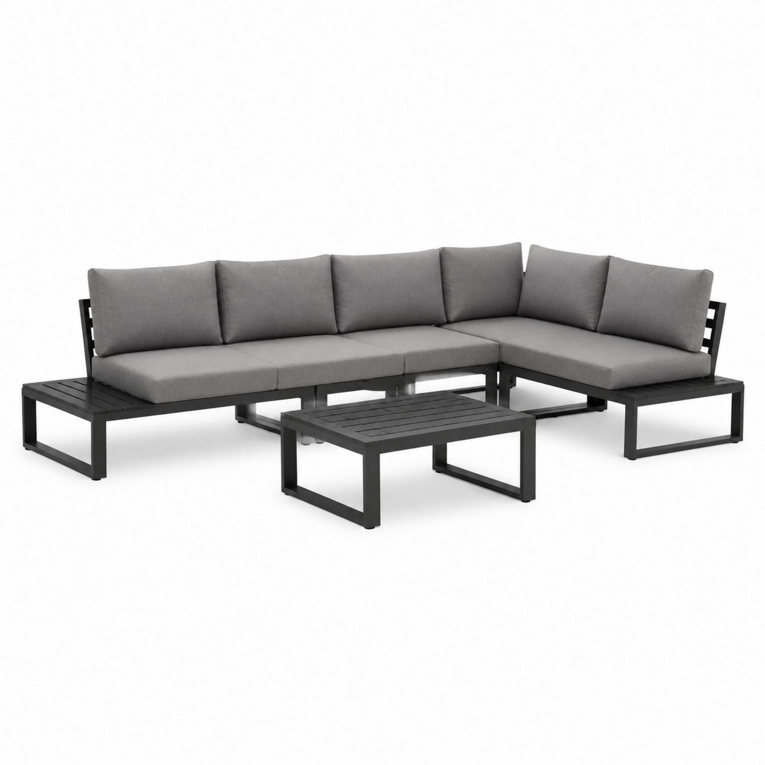 L-förmiges Outdoor-Sofa-Set aus Aluminium mit grauen Polyesterkissen, 5-teilig