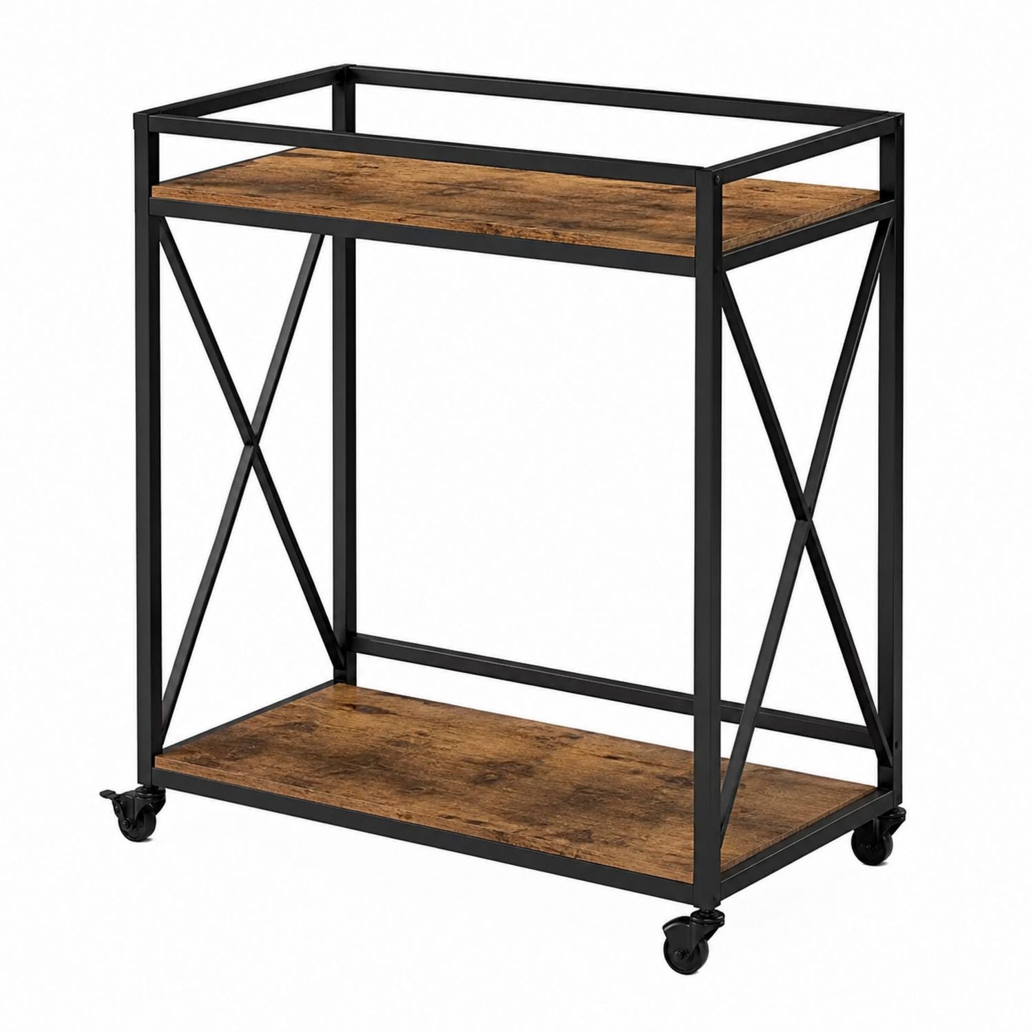 Industrieller Servierwagen Stahlrahmen MDF mit Holzfurnier-Regalböden 80cm x 40cm x 85cm