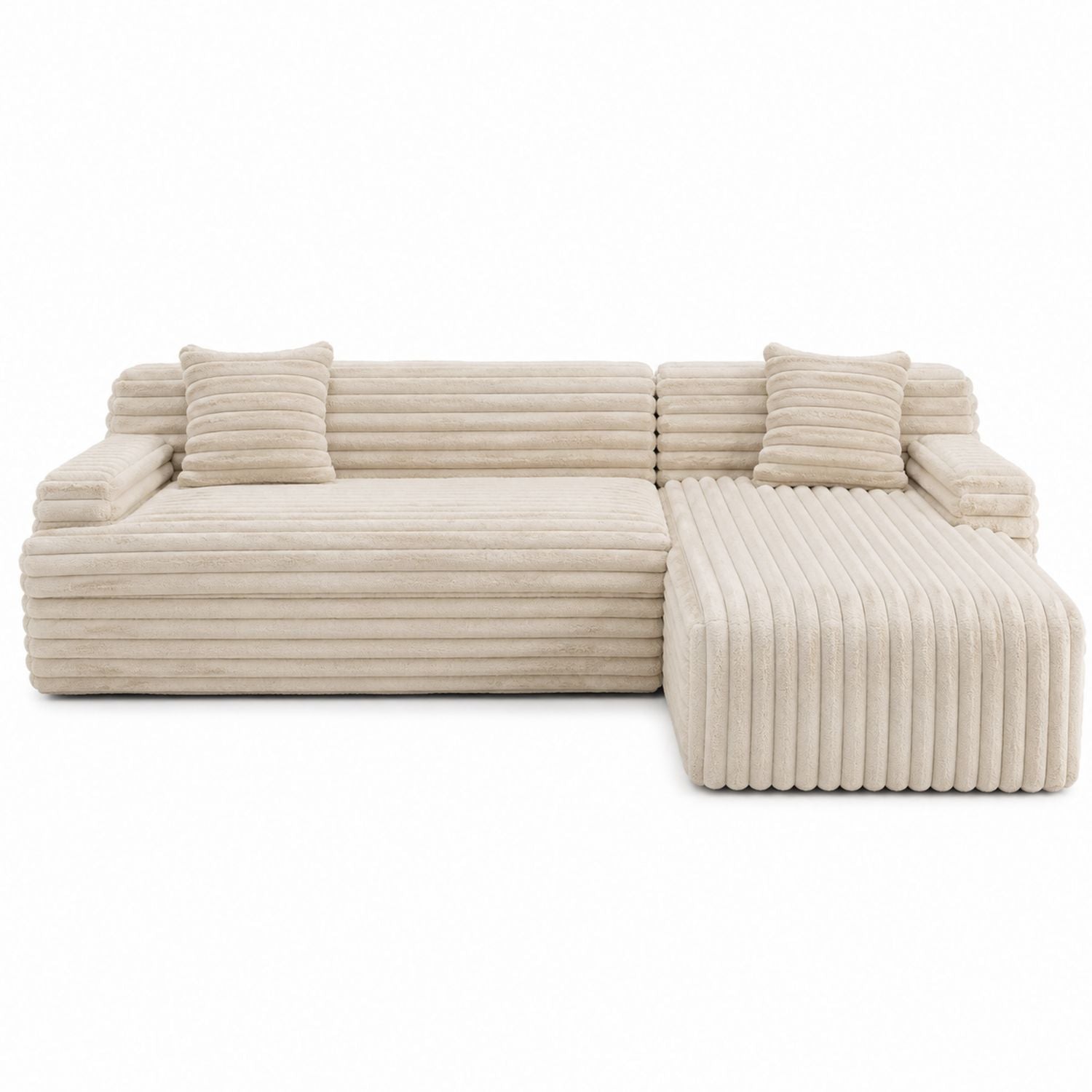 Beige Polster-Ecksofa-Garnitur mit Chaiselongue und Kissen