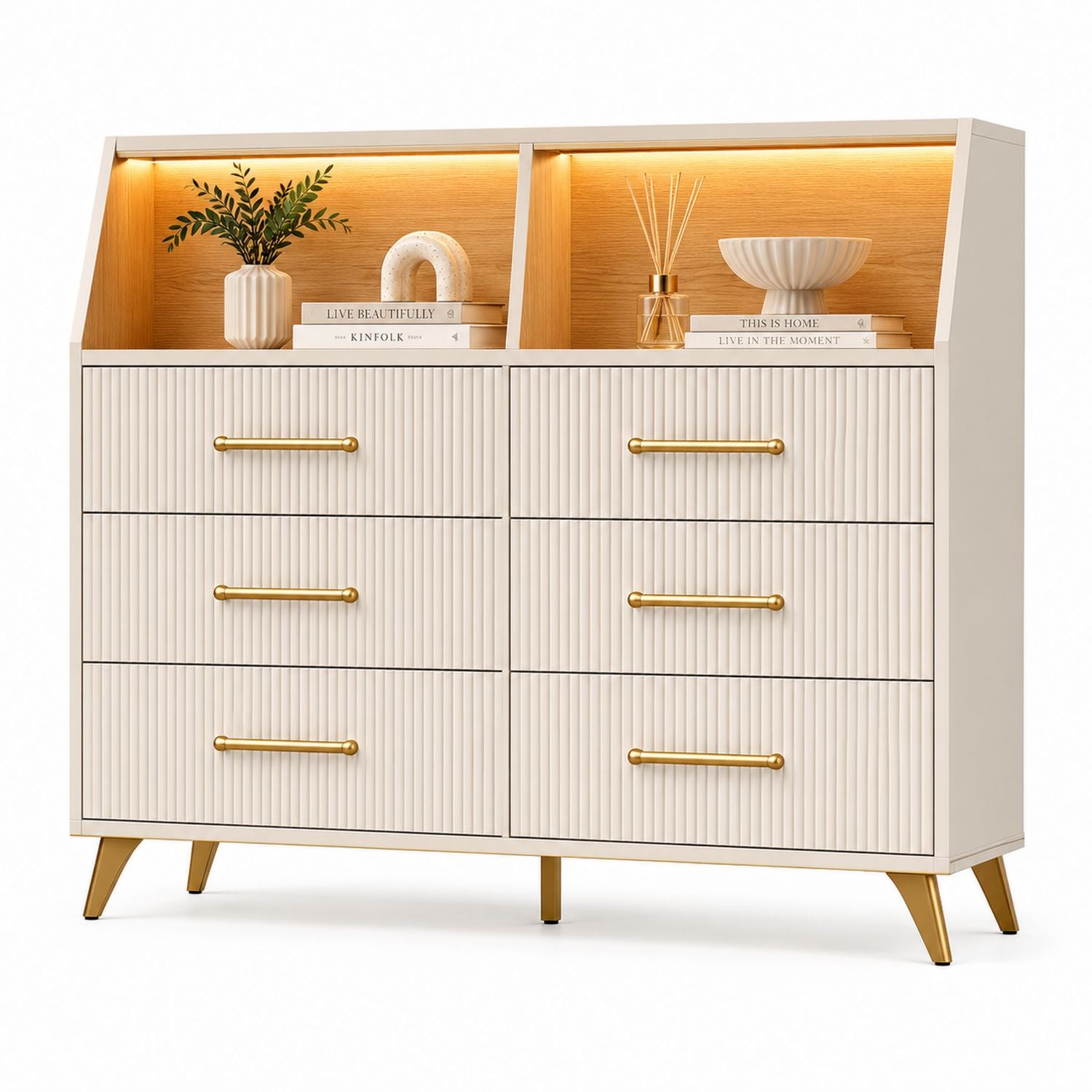 Doppelschubladenkommode aus Holz mit LED-Regalen Beige 6 Schubladen 120cm