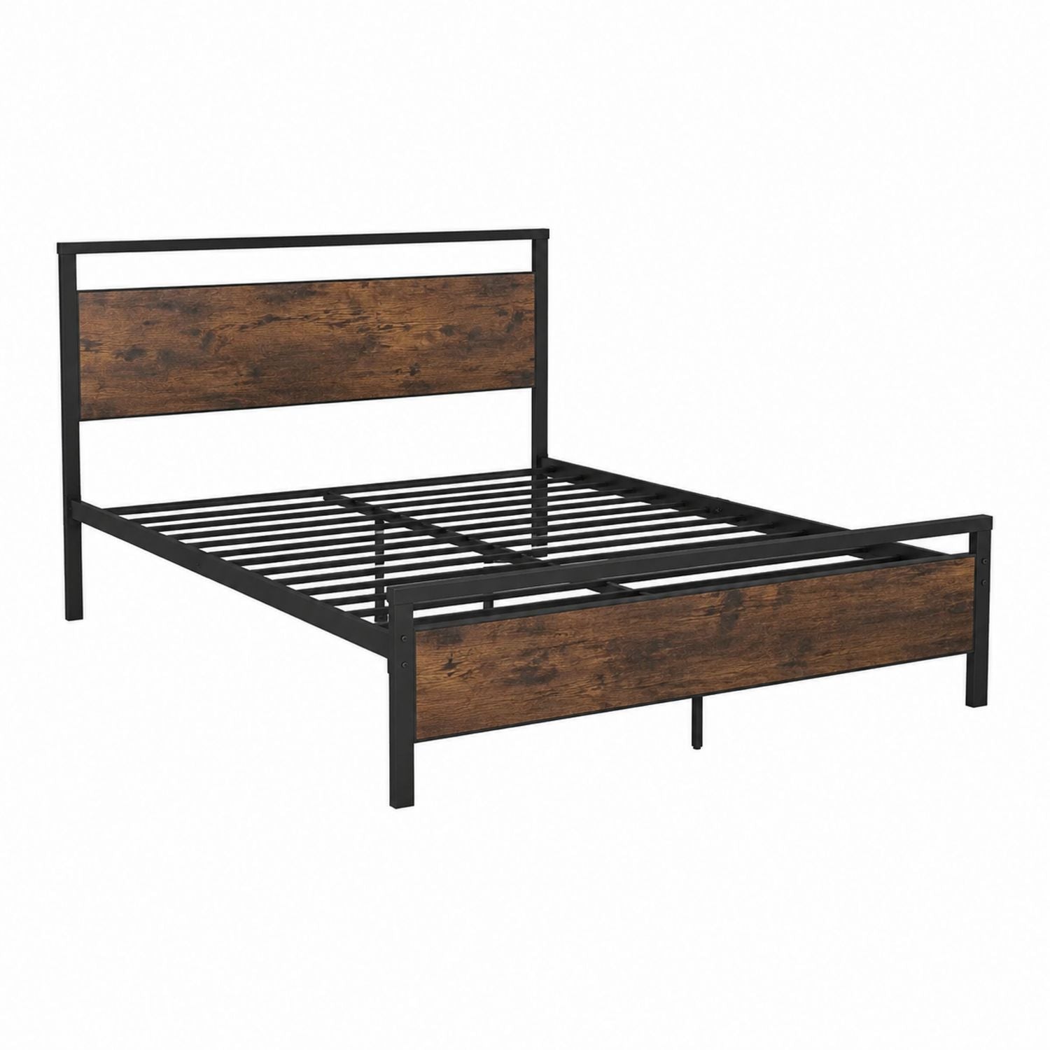 Doppelbettgestell aus Metall und Holz mit Kopfteil und Fußteil, Schwarz und Braun