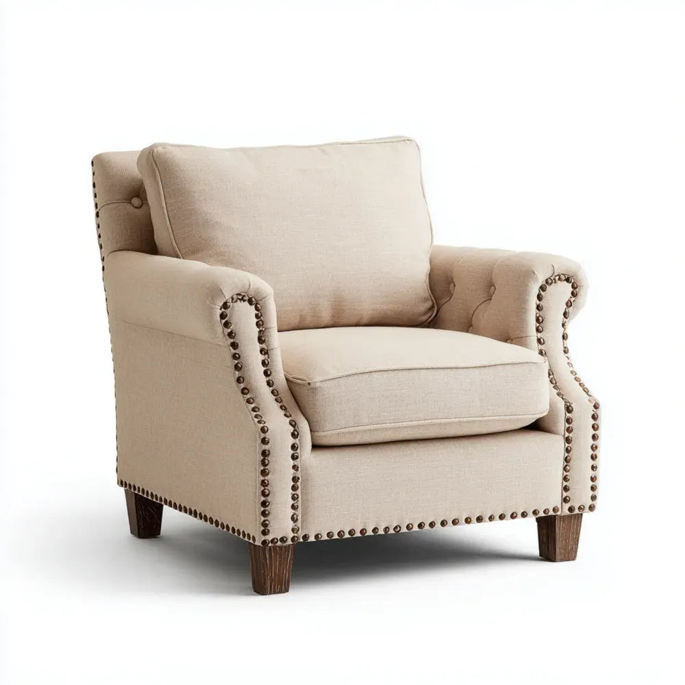 Armchair Fabric Upholstery Brass Studded 85x85x90 cm - Beige - Classic Design