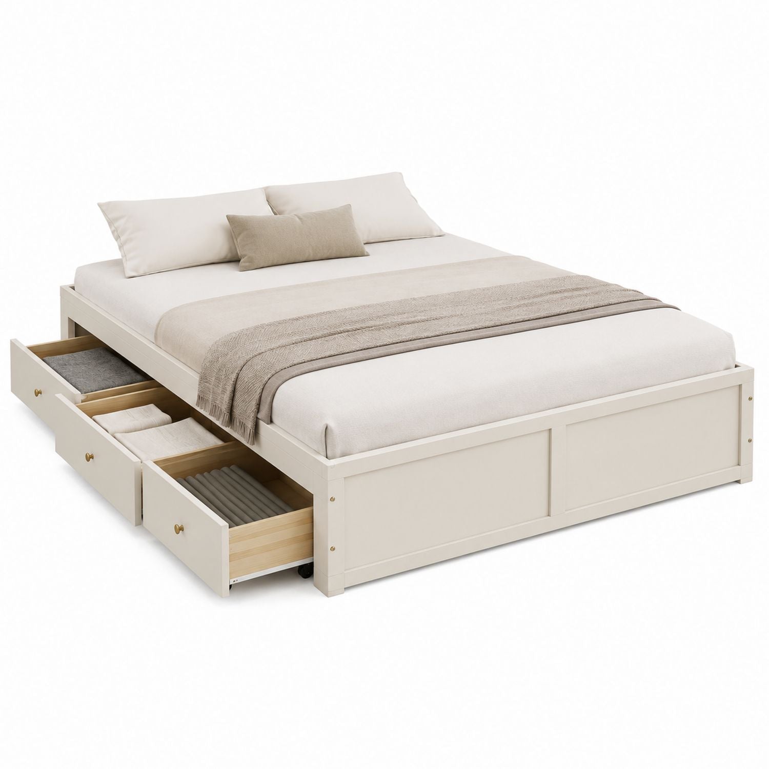 Plattformbett in Queen-Size-Größe mit Stauraum und Schubladen, Massivholz, Baumwollstoff, Beige