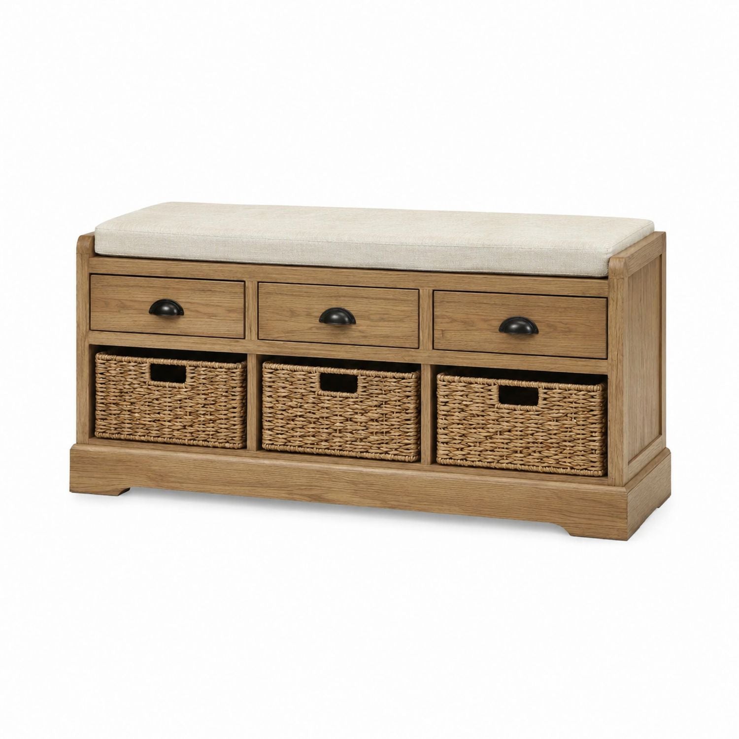 Holz-Aufbewahrungsbank mit gepolsterter Platte und Rattan-Körben 120cm