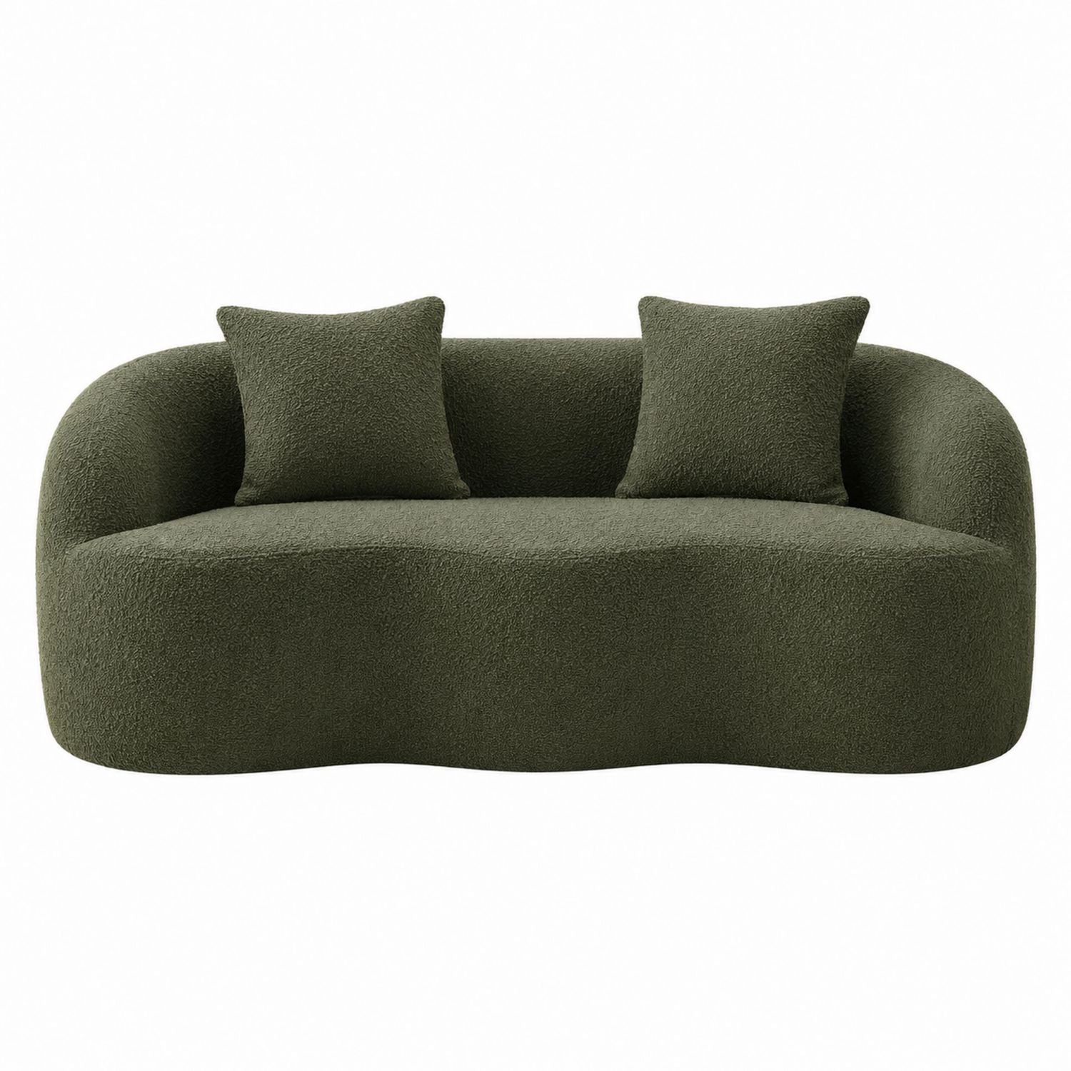 Geschwungenes Bouclé-Sofa mit Kissen in Olivgrün
