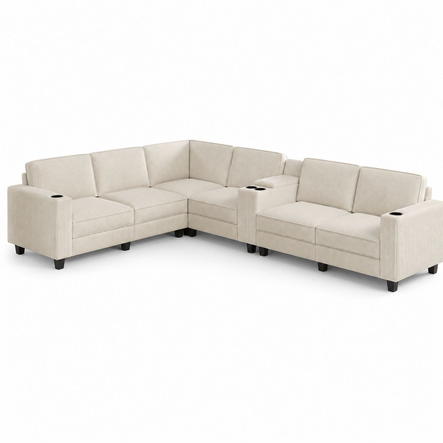 Beige L-förmiges Cord-Sofa mit Getränkehaltern