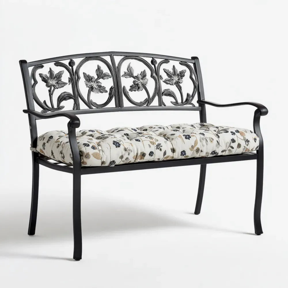 Patio Bench 120x50x85 cm - Floral Patterned Cushion Black Metal Frame - Outdoor Garden Furniture