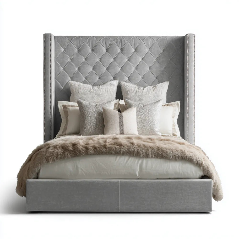 Double Bed Upholstered 200x160x140 cm - Light Gray - Modern Design
